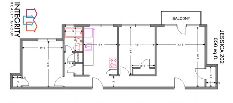 Floor plan for 2 beds, 1 bath, 871 sqft